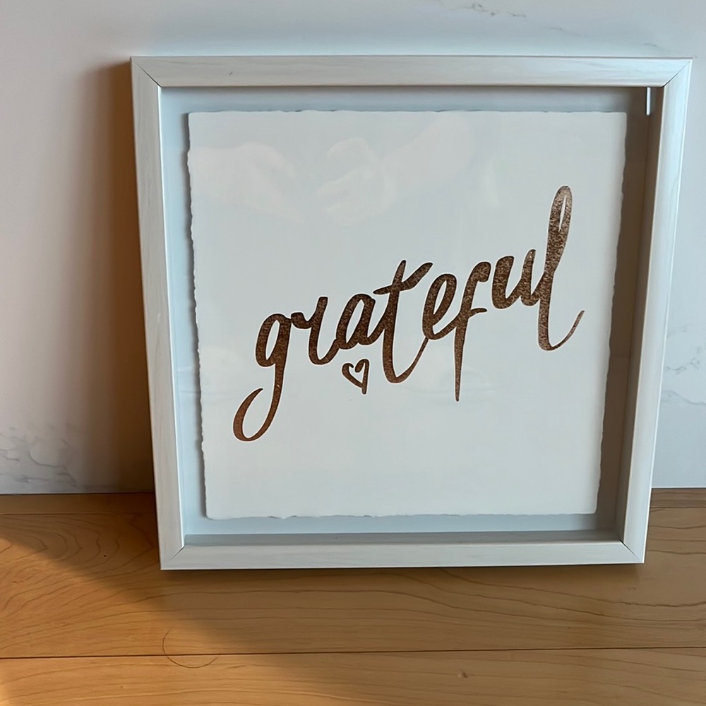 Brand new, Floating print, “grateful” copper foil lettering, pearly white frame